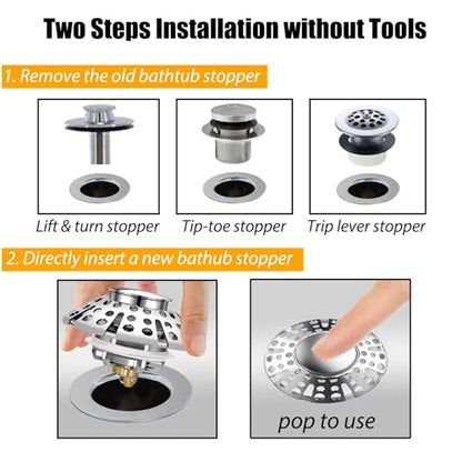 Anlige Bathtub Drain Stopper, Pop Up Tub Stopper with Hair Catcher, Bathtub Plug and Cover with Strainer, Universal for 1.5 to 1.8in Tub Drain