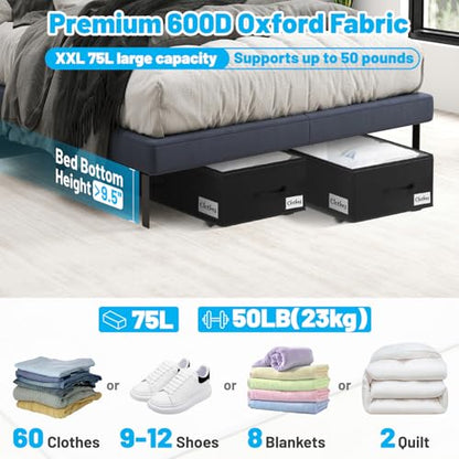 Under Bed Storage with Wheels, 2-Pack 10" Height XXL 75L Rolling Storage Bins, Quick Assembly Underbed Shoe Storage Containers with Clear Lid & Label, Dorm Under Bed Drawers for Clothes, Shoes, Black