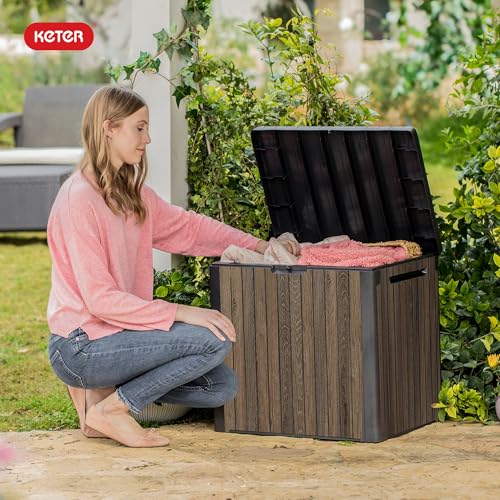 Keter Premium Everwood 30 Gal Outdoor Storage Box and Patio Side Table | Walnut, Resin, Compact, Weatherproof, Lockable, Durable, Easy Assembly, Organization, Patio Cushions Storage
