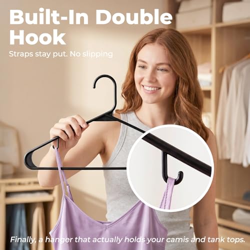 HOUSE DAY Black Plastic Hangers 60 Pack, Slim Space-Saving Clothes Hangers | Durable Hangers Hold Up to 7 lb with Built-In Non-Slip Strap Hooks and Smooth Edges; Family Pack for Everyday Closet Storage