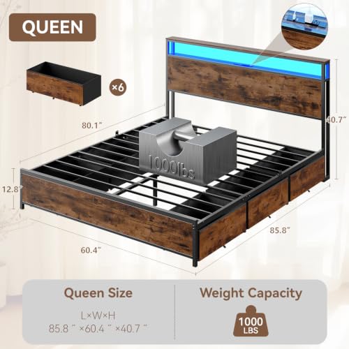 Forestell Queen Bed Frame with 2-Tier Storage Headboard & 6 Drawers