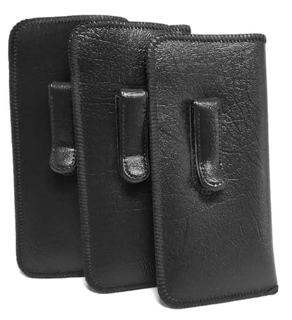 Calabria Soft Slip-In Glasses Case Pocket Metal Clip Black (3 Pack) for Men/Women Synthetic Leather Felt Lining 6.5"x3"