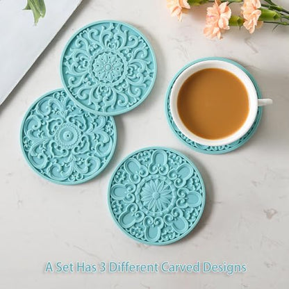 Colinda Silicone Coasters - Set of 6 with Holder, Non-Slip Cup Mats for Hot and Cold Drinks, Decorative Designs, Gift Ready Packaging,Turquoise