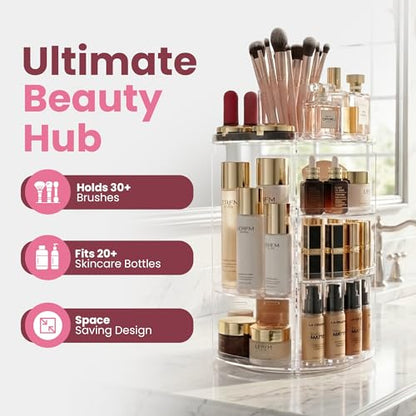 Masirs 360 Rotating Makeup Organizer Countertop, Adjustable Shelf, Clear | 360-Degree Rotating Makeup Organizer, Adjustable Shelf Height, Cosmetic Perfume Skincare Storage, Vanity Countertop, Clear