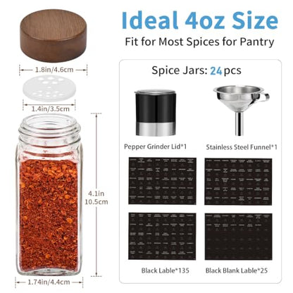 Glass Spice Containers for Kitchen: 24P 4oz Dishwasher Safe Jars