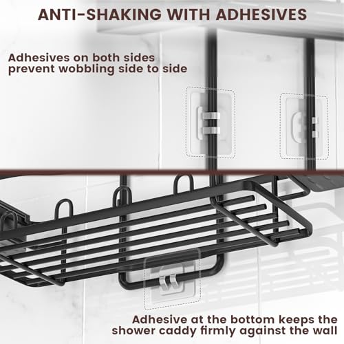 Rustproof Shower Caddy Hanging with Soap Holders for Bathroom, Black | Shower Organizer with Multi Hooks Toothbrush Holder, No Drilling, Anti-Swing, Storage for Shampoo Conditioner Body Wash