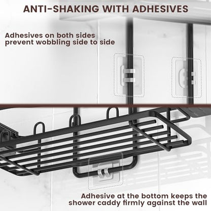 Rustproof Shower Caddy Hanging with Soap Holders for Bathroom, Black | Shower Organizer with Multi Hooks Toothbrush Holder, No Drilling, Anti-Swing, Storage for Shampoo Conditioner Body Wash