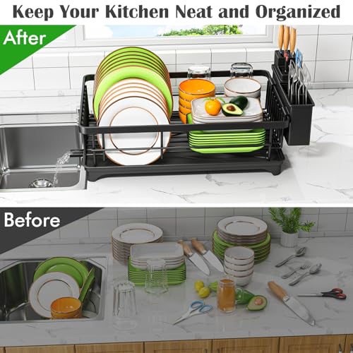 Kmiectse Dish Drying Rack for Small Kitchen Counter with Utensil Holder | Space Saving, Rust Resistant, Quick Drainage Dish Rack, Compact Dish Drainer Organizer for Home Kitchen, Black