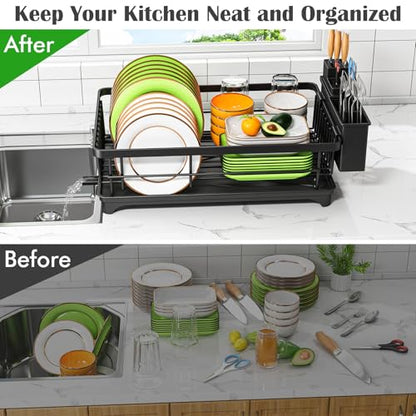 Kmiectse Dish Drying Rack for Small Kitchen Counter with Utensil Holder | Space Saving, Rust Resistant, Quick Drainage Dish Rack, Compact Dish Drainer Organizer for Home Kitchen, Black