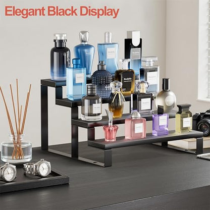 Boulphia Cologne Organizer for Men, 12 Inch Wood Cologne Stand 4 Tier Perfume Organizer for Dresser, Versatile Step Display Stand Shelf for Fragrance, Skincare, Figurine, Dessert, 1 Set Black