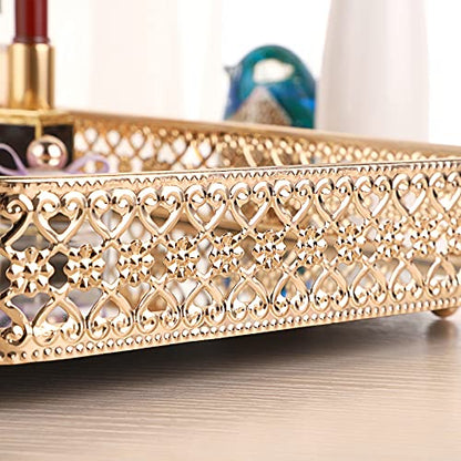 ELLDOO Gold Mirror Glass Perfume & Makeup Vanity Tray, Medium Size | Hollow-Carved Jewelry Storage, Metal Trinket Organizer for Dresser Bathroom Countertop Home Decor