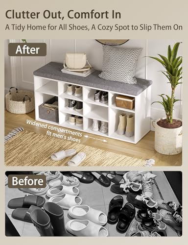 Shoe Storage Bench with Cushion, 40.9" Cubby Shoe Rack, 12-Cubby | Entryway Shoe Organizer Bench, Adjustable Shelves for Boots, Removable Washable Cushion, Closet/Hallway/Bedroom/Garage, White