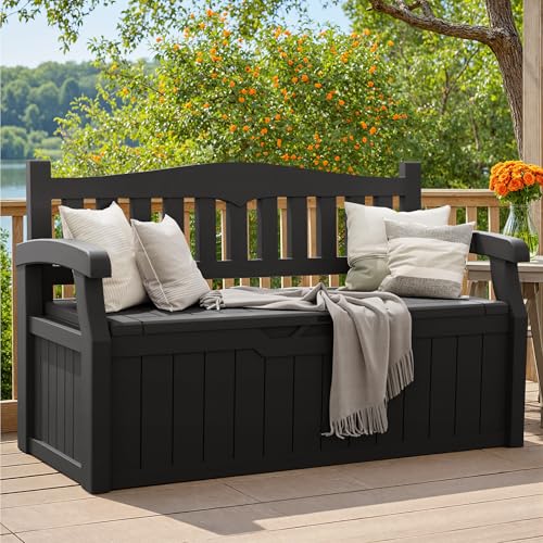 Greesum 80 Gallon Storage Bench Outdoor Deck Box with Armrest, Black | Patio Furniture,Lockable, Waterproof and UV Resistant, Suitable for Garden, Pool
