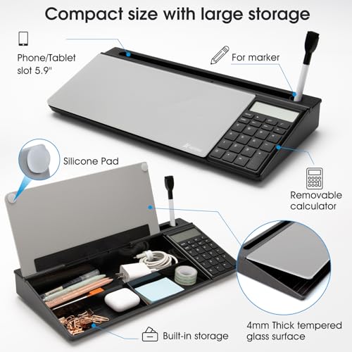 Varhomax Glass Desk Whiteboard with Calculator | Desktop Dry Erase White Board with Storage, To Do List Memo Notepad for Home and Office