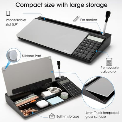 Varhomax Glass Desk Whiteboard with Calculator | Desktop Dry Erase White Board with Storage, To Do List Memo Notepad for Home and Office