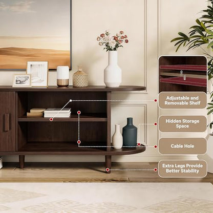65" Mid Century Modern TV Stand with Power Outlet, Fluted Entertainment Center with Storage and Adjustable Shelves, Wood TV Console with Sliding Doors for Living Room, Walnut