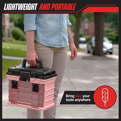 Stalwart Portable Tool Box for Women or Men, Pink, 10 x 7 x 10.5in | Small Parts Organizer with Drawers and Customizable Compartments for Hardware, Fishing Tackle Box, Beads or Crafting Supplies