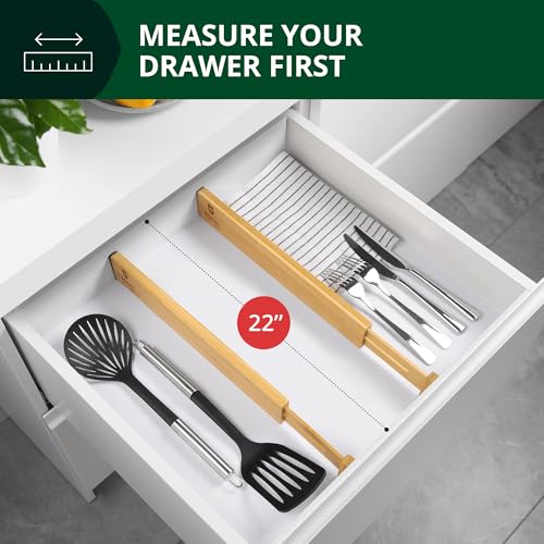 Bamboo Drawer Dividers Organizers, Adjustable Drawer Separator Splitters, 17–22 Inches Expandable Drawer Divider Organizer for Large Utensils, Kitchen, Bedroom, Dresser & Office Drawers 4-Pack
