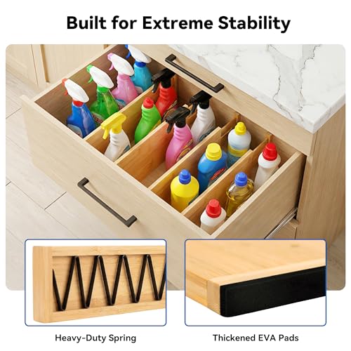 4 Pack Deep Drawer Dividers, 6" High Bamboo Expandable Drawer Organizers, 17-22" Adjustable Tension Separators, Large Drawer Dividers for Kitchen, Bedroom Dresser, Baby Nursery & Bathroom