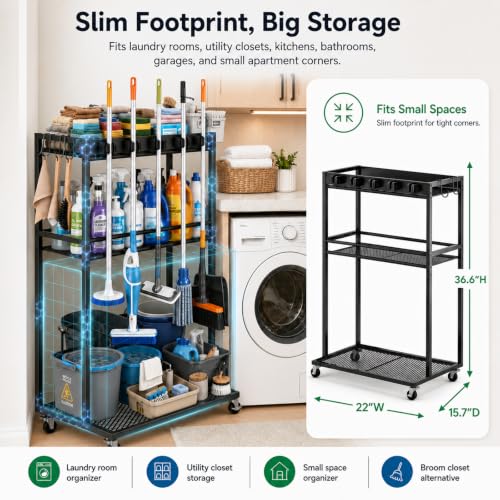 Cleaning Supplies Organizer Cart with Wheels, Broom and Mop Holder with 5 Grippers, 6 Hooks, 3 Shelves, Rolling Broom Closet Storage Rack for Laundry Room, Kitchen, Bathroom, Garage, Poolside