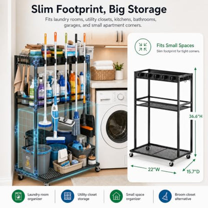 Cleaning Supplies Organizer Cart with Wheels, Broom and Mop Holder with 5 Grippers, 6 Hooks, 3 Shelves, Rolling Broom Closet Storage Rack for Laundry Room, Kitchen, Bathroom, Garage, Poolside