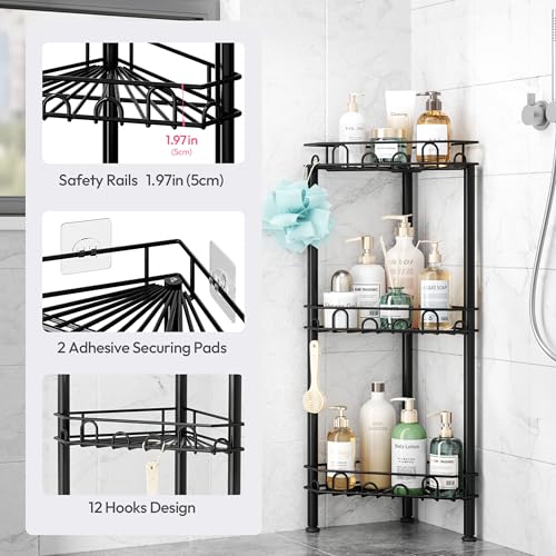 Standing Shower Caddy Corner - 3‑Tier Stainless Steel Shower Organizer Shelf with 12 Hooks and Adhesive Pads, Rustproof Corner Shelves Stand Rack for Bathroom Shower Room, Black