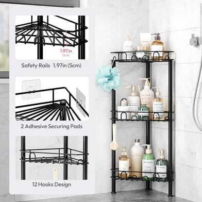 Standing Shower Caddy Corner - 3‑Tier Stainless Steel Shower Organizer Shelf with 12 Hooks and Adhesive Pads, Rustproof Corner Shelves Stand Rack for Bathroom Shower Room, Black