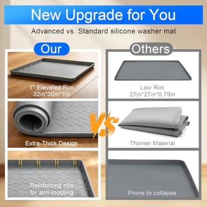 Silicone Washing Machine Drain Pan, 32"x 30" Raised Edge Drip Tray | Thickened silicone; Anti-slip & anti-vibration; Soft & foldable; Protect floors & laundry rooms; Fits most washer or dryer