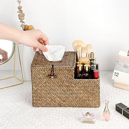Sumnacon Tissue Box Cover Square Tissue Box Woven Seagrass Tissue Box Holder with Side Organizer, Rustic Tissue Holder for Living Room Bathroom Bedroom Kitchen Office Table Desk, Coffee