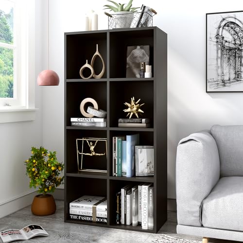 8-Cube Storage Shelf Bookcase, Black | Wooden 4-Tier Open Bookshelf, Fits 11×11" Bins, Vertical or Horizontal Use, Full Back Panels, For Home Office