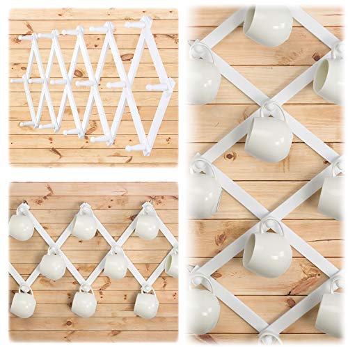 Accordian Wall Hanger: 16” High Wooden Wall Expandable Coat Rack, Hat Rack Holder, Accordion Hook for Baseball Caps, Coats, Mugs, 16 Peg Hooks, White