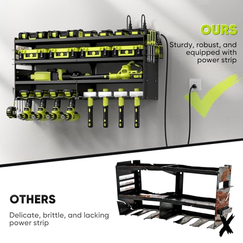 Large Power Tool Organizer Wall Mount with Charging Station,4 Layer Heavy Duty Metal Tool Storage Rack Loads 600lbs with 8 Cordless Drill Holder,Battery Utility Rack Loads with 4 Power Strip