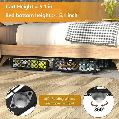 NADAMOO Under Bed Storage with Wheels, Low Profile Rolling Organizer Bins | Ultra-low 5.4" Height, 360° Swivel Casters, Strong Metal Containers Hold Shoes, Clothing, Toys, Dorm & Home Use, 2 Pack