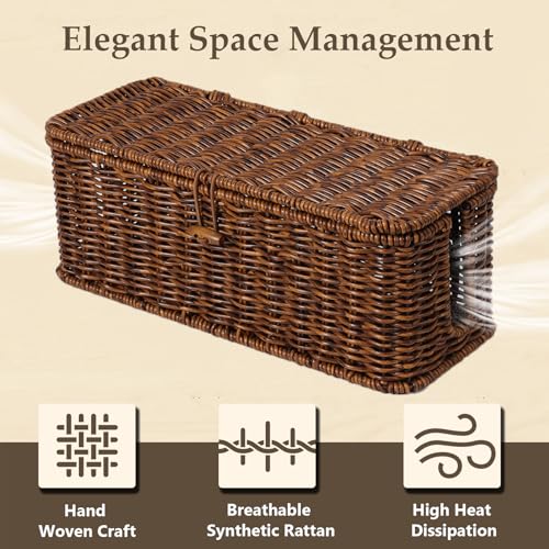 BROWNLILY Cable Management Box, Rattan Style Cord Organizer for Desk Cord Hider Outlet Covers for Power Strip TV PC Router Charger Under Desk Storage with Lockable Lid and Cable Ties