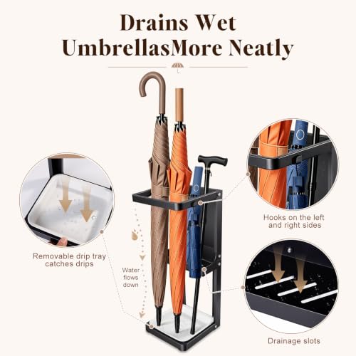 Umbrella Stand for Entryway, Sturdy Metal Umbrella Holder Indoor with Removable Drip Tray, Small Umbrella Rack for Long and Compact Umbrellas, Black Umbrella Storage Stand for Home Office