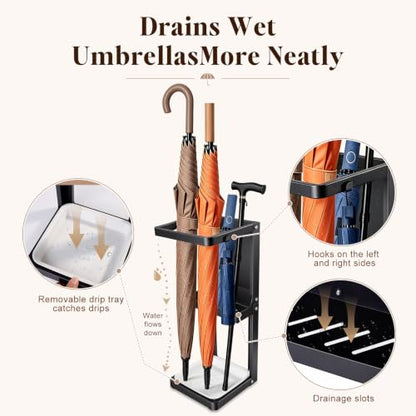 Umbrella Stand for Entryway, Sturdy Metal Umbrella Holder Indoor with Removable Drip Tray, Small Umbrella Rack for Long and Compact Umbrellas, Black Umbrella Storage Stand for Home Office