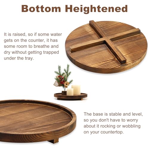 Round Wood Riser Bathroom Tray Countertop Vanity Tray Kitchen Sink Decor | Circle Small Wooden Decorative Bathroom Trays Brown Rustic Kitchen Counter Perfume Candle Tray Coffee Table Pedestal Stand