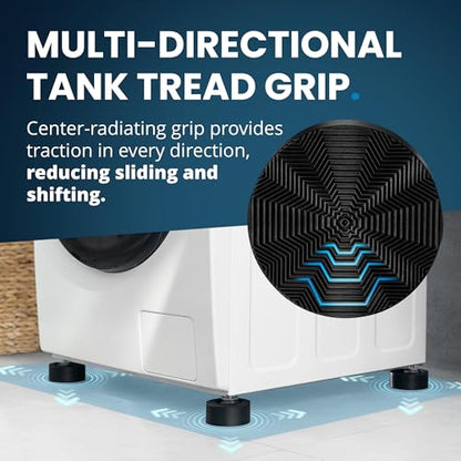 Anti Vibration Pads for Washing Machine with Tank Tread Grip™ - 8 Pack + Level - Fits MOST Round Feet up to 1.75” - Stops Washer Dryer from Moving - Rubber Antivibration Stabilizer for Leveling Washer