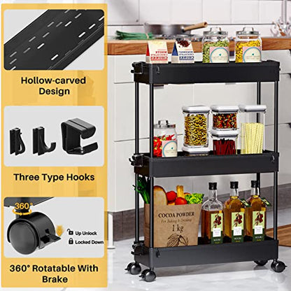 Slim Rolling Storage Cart, 3 Tier Bathroom Storage... (Black | Plastic)