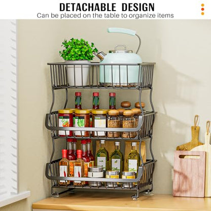 Gsiekare 3-Tier Rolling Pantry Organizer and Storage Cart with Wheels | Stackable wire pantry baskets for pantry shelves, fruit basket stand, easy to move, storage rack for food snack onion potato