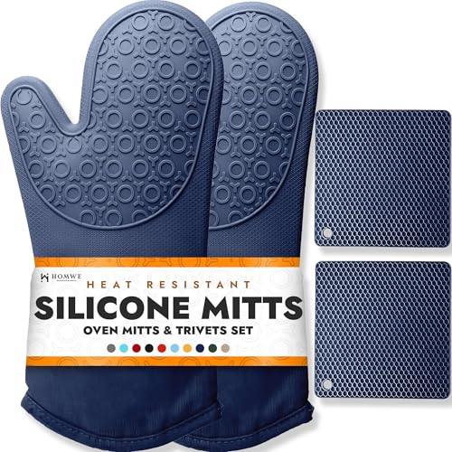 BPA-Free Soft Silicone 4 Piece Oven Mitts & Trivet... (Navy Blue)