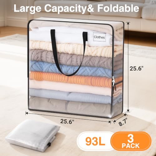 93L Moving Bags, Heavy Duty Clear Storage Bag with Strong Zippers & Handles | Large Foldable Storage Containers for Dorm Moving, Seasonal Clothing Storage, Clothes, Bedding and Blankets, 3 Pack