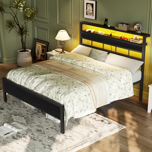 Full Size Bed Frame, Storage Headboard, LED & Charger, Black Oak