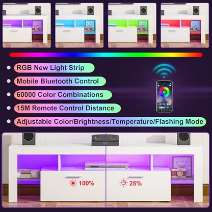 Clikuutory Modern Lighting 63 inch TV Stand with Large Storage Drawer for 50 55 60 65 70 75 Inch TVs, TV Console with 20 Color LED Lights, Entertainment Center Media and Open Shelf for Bedroom, White