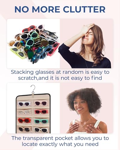 BAGSMART Hanging Jewelry Organizer, Dust Proof Sunglasses Storage Case Wall Mounted, Travel Dual Sided Glasses Case Multiple Pairs, Eyeglasses Holder with 32 Clear Slots & Metal Hook, Black