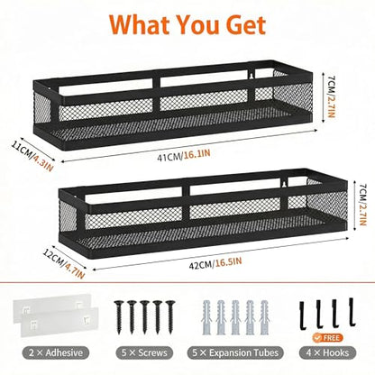 PUSDON 16.5-Inch Extra Long Slim Mesh Shower Caddy, Wall Mounted Bathroom Organizer with Adhesive, Heavy Duty Rustproof Shelf for Narrow Kitchen Pantry & RV, Holds 50 LBS 2-Pack - Matte Black Netting