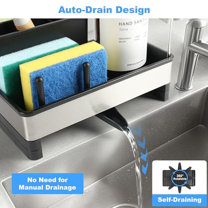 Sponge Holder for Kitchen Sink Caddy Organizer, Dish Brush Holder | Stainless Steel Sponge Caddy for Kitchen Countertop Organizer, Rustproof Dish Soap and Sponge Rack with Dishcloth Drying Rack