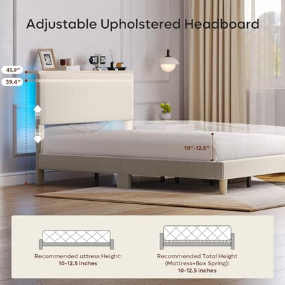 Bestier Queen Bed Frame with Storage Headboard & LED, Upholstered, Beige