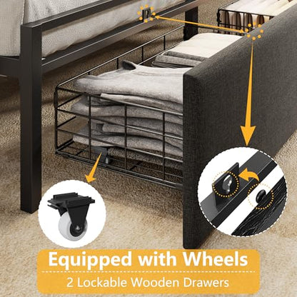 Queen Size Bed Frame with Headboard, Drawers, Charging Station