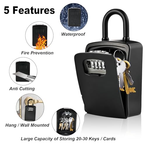 XXL Large Key Lock Box, 5.5"x4.1"x2.1", Upgraped Material | Waterproof Kirsite Combination Lockbox for Keys Outdoor, Portable Key Lock Box Wall Mount with Code (1 Pack, Black)